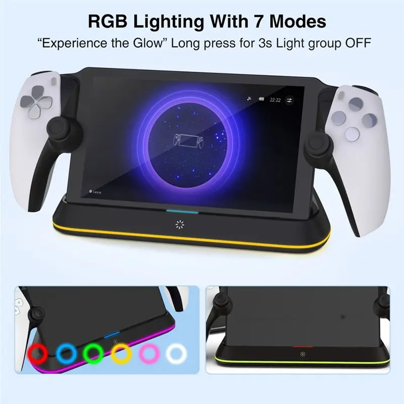 Фото Зарядная док-станция HONCAM для Playstation Portal с 7 режимами RGB-подсветки, подставка для зарядки игровой консоли с тройной защитой №4