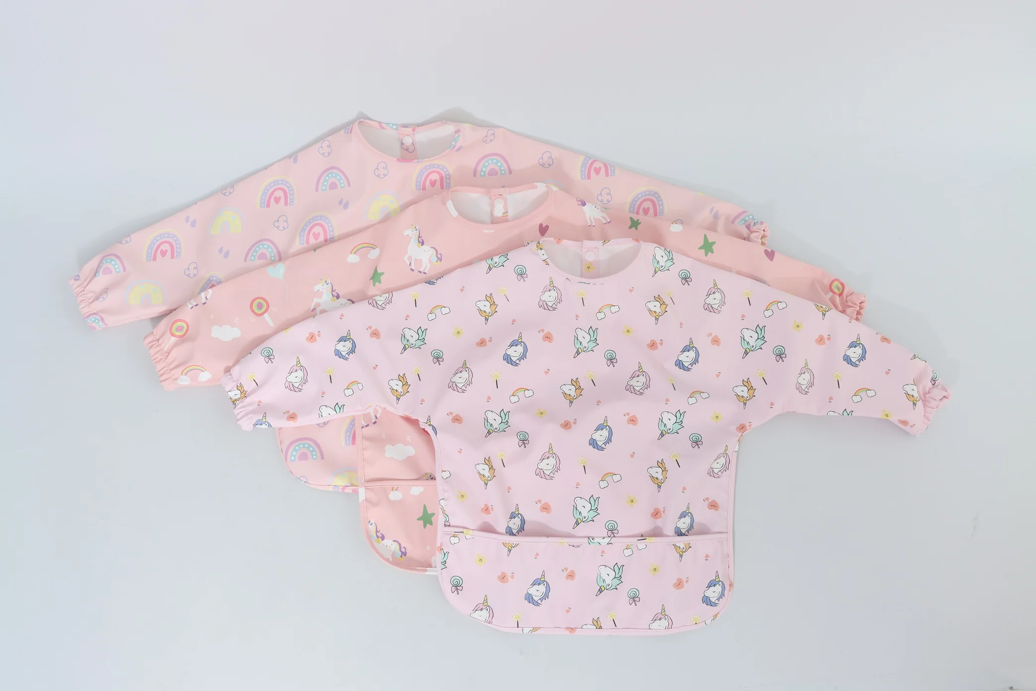 ChildrenTPU Long Sleeves Bibs Babies Toddler Waterproof Smock Newborn Eating Feeding Apron Unicorn Rainbow Pink Fan