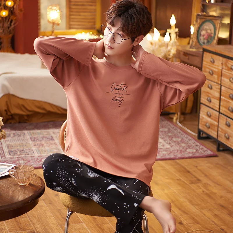 2022 Autumn Cotton Sleepwear For Men 2 Pieces Set Pijamas Man Home Suit Long Sleeping Tops Pant Nightwear Male Pjs Cartoon Pyjam