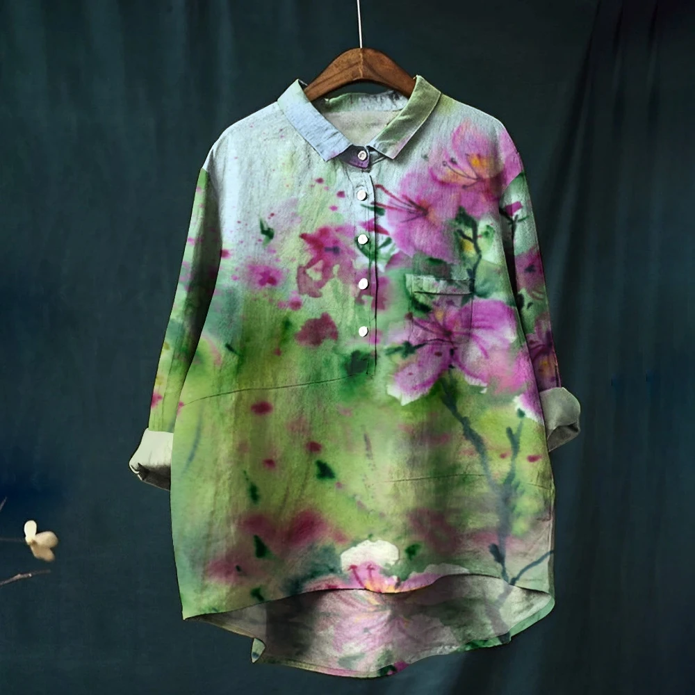 Зеленые листья фиолетовые цветы блузка с принтом повседневная свободная