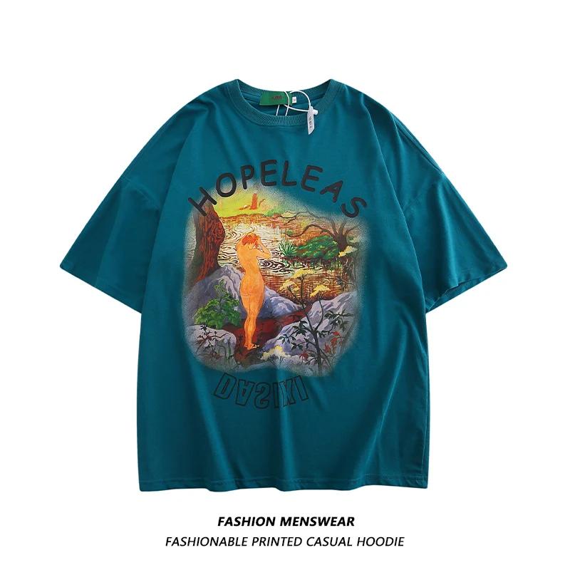 

2022 Summer New American Fried Street Oil Painting Printing Men and Women Couples Oversize Leisure T-Shirt
