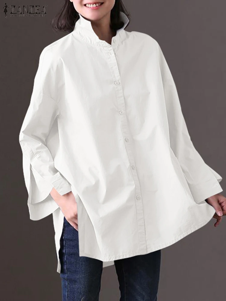 

Women Fashion OL Blouse Shirt 2022 ZANZEA Spring Long Sleeve Pleated Tops Tunic Oversized Lady Casual Solid Loose Blusa Chemise