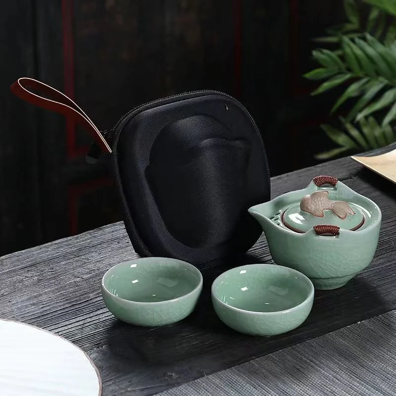 

Портативная керамическая дорожная чайная кастрюля Ge, 1, 2 чашки для чая, чайный набор на автомобиле, чашки и кружки Gaiwan, милый чайник из исинской глины, чашка, горшок
