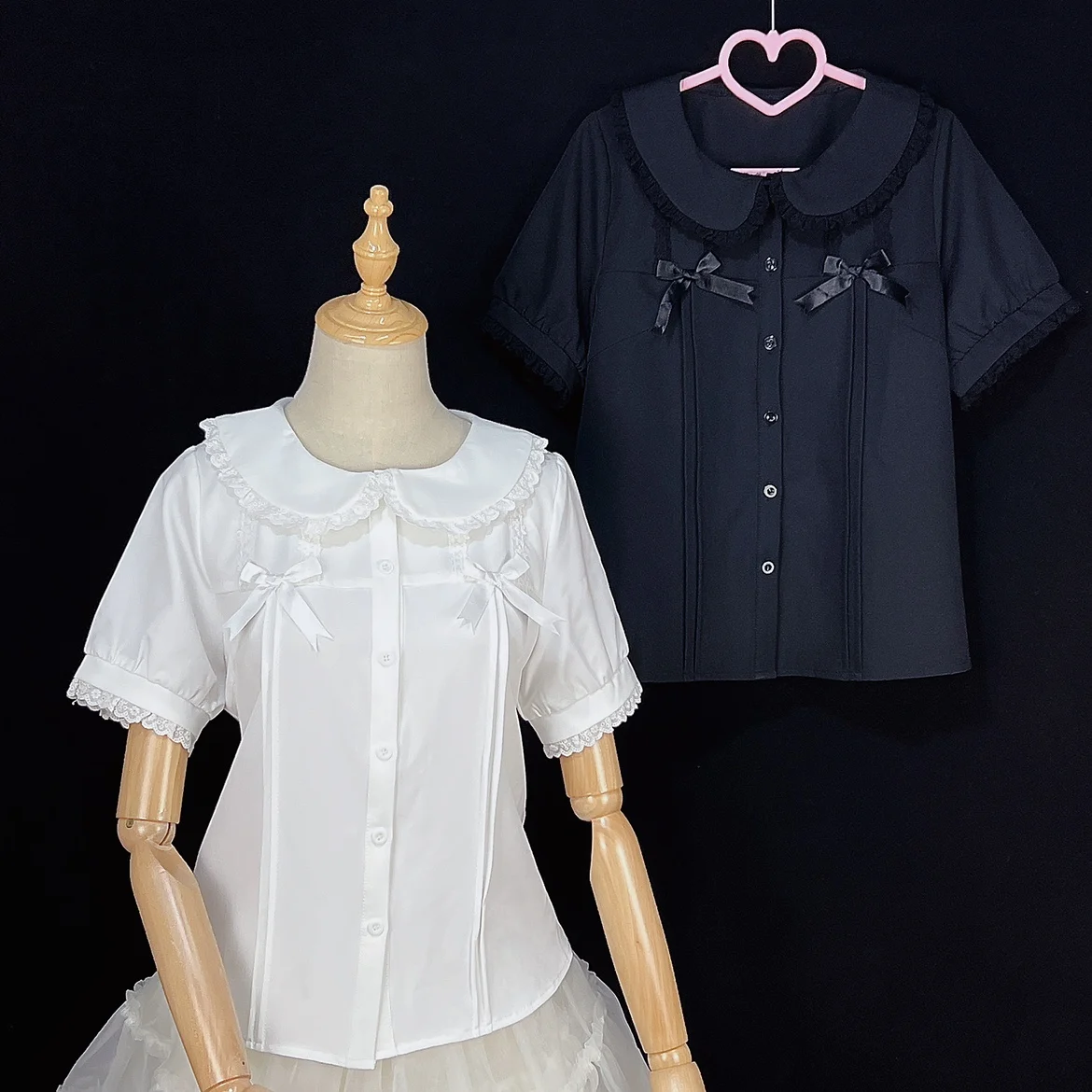 

Summer Women's Lolita Short Sleeve Peter Pan Collar Blouse Lace Trim Little Bows Cute Shirt