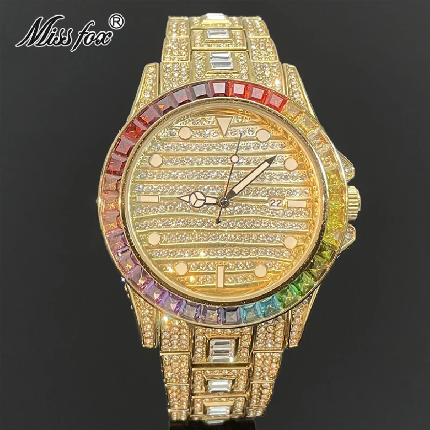 

MISSFOX Luxury Watch Men Gold Waterproof Fashion Quartz Wristwatch Hip Hop Iced Out Rainbow Diamond Jewelry Clocks Free Shipping