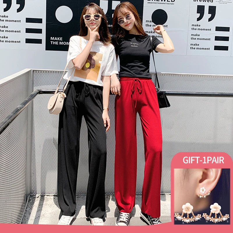 

2022 Casual Summer Ice Silk Pants Women Thin Loose Ankle-Length Long Trousers Slacks Solid Color High Waist 9 Points Pants