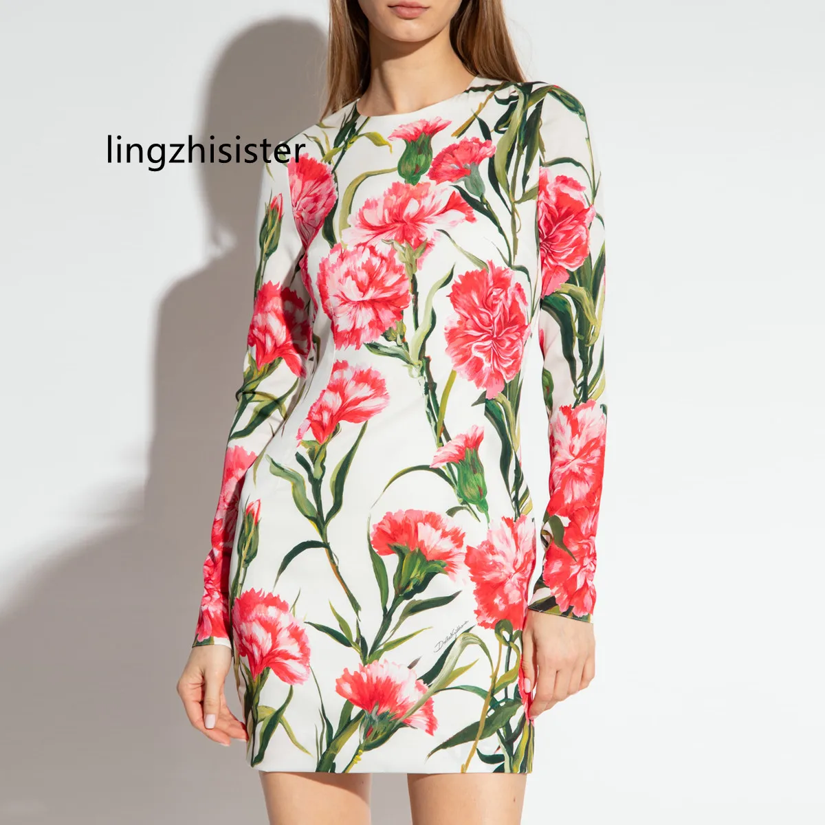 

Women Silk Dress Satin Long Sleeve Dresses 2023 Spring Stretch Silk Print Slim Waist Bud Dresses Carnation Print Vestidos New