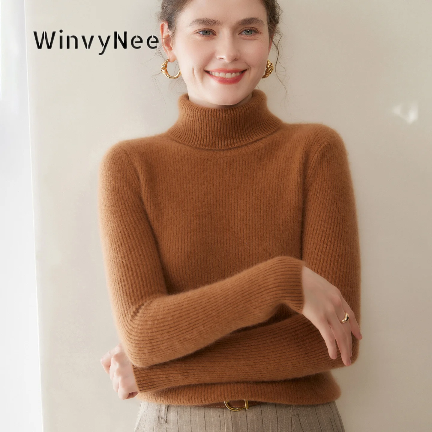 Фото Женский кашемировый свитер-гольф WinvyNee с плотной вязкой в рубчик, теплый, шелковистый на ощупь, подчеркивающий фигуру, премиум-класса, вязаный пуловер A1054083 №3