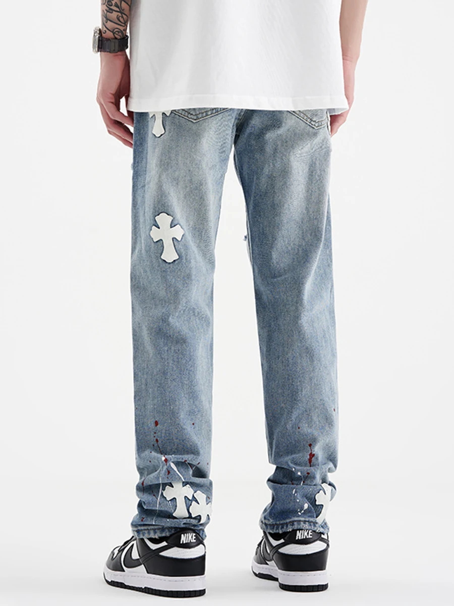 Four Seasons Men's Jeans Ripped Patch Fabric Cross Patch Loose Straight Denim Trousers Y2k Men Jeans Streetwear Men Ins Hot Sale