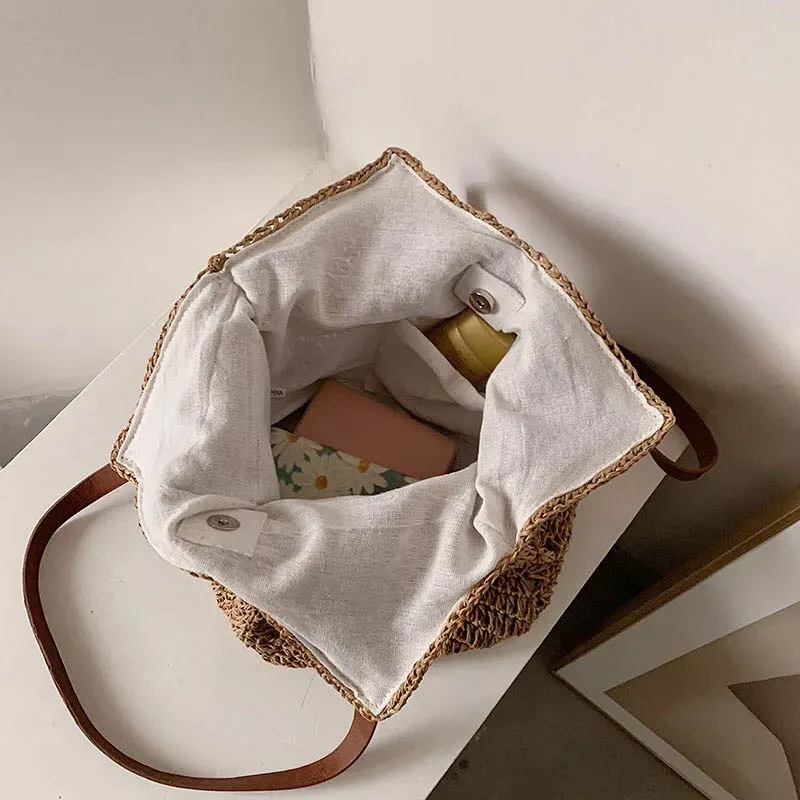 2022 Fashion Women Straw Shoulder Bag Bucket Aesthetic Tote Bag Summer Casual Beach Woven Handmade Weaving Handbag Accessories