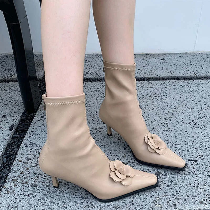 

Fashion Flower Luxury Ladies Ankle Boots Sewing Pointed Toe Outdoor Female Heels Shoes Zippers Casual Women Modern Boots