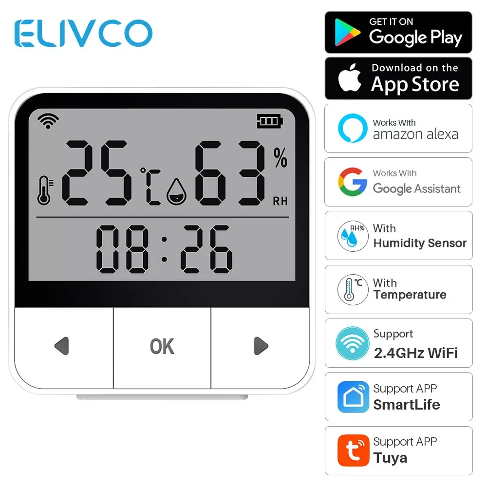 

NEW2023 Tuya Smart Temperature And Humidity Sensor WIFI Indoor Hygrometer Thermometer Support Google Assistant Alexa With LCD Di
