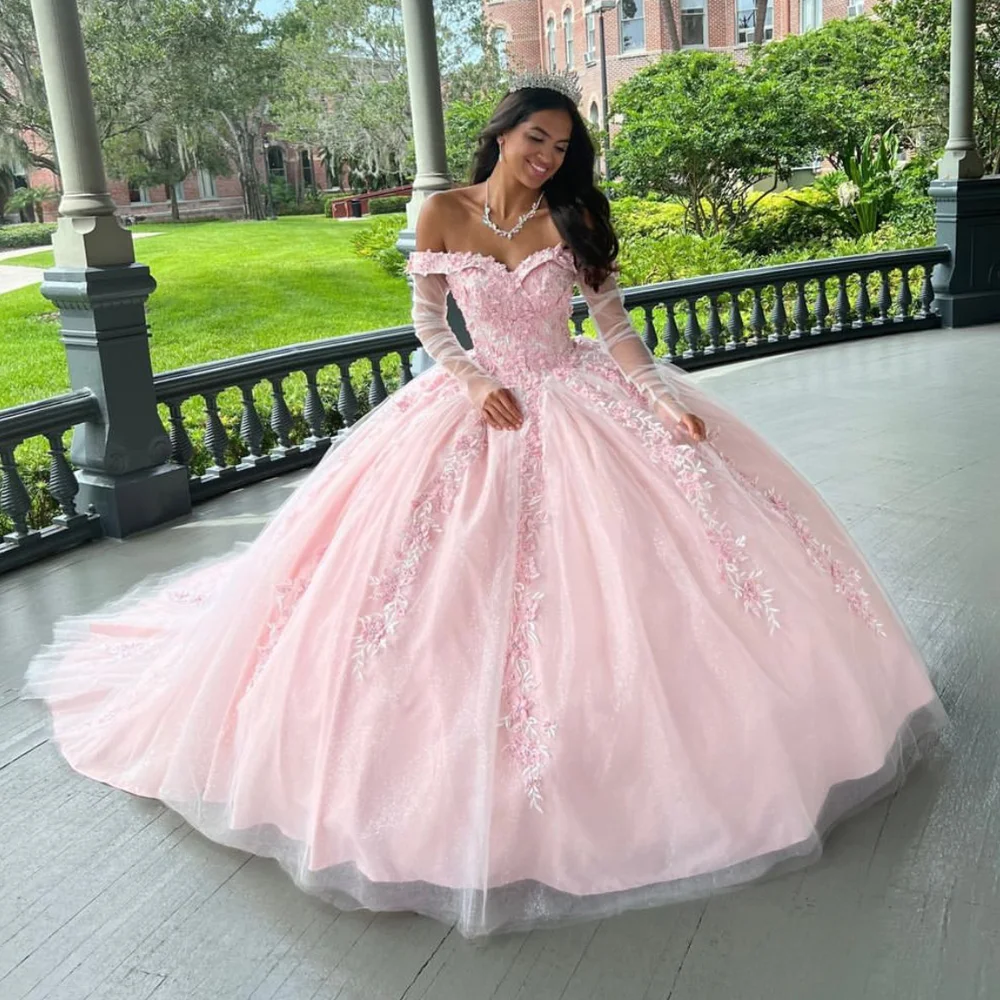 

Pink Long Sleeves Quinceanera Dresses 2023 Ball Gown Prom Party Sweet 16 Years Girl Birthday Party Vestidos 15 Anos Princess