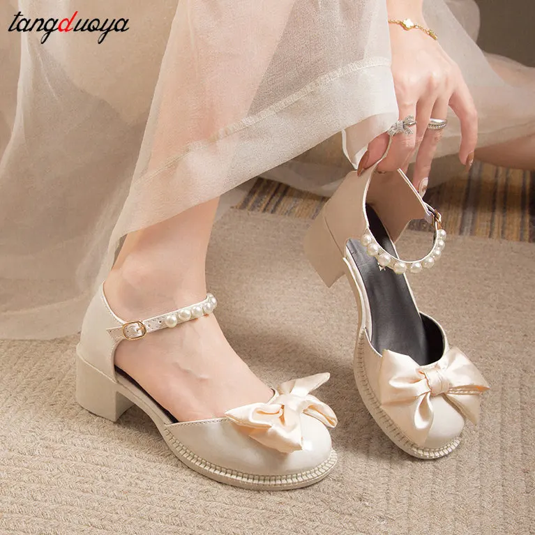 

Women Lolita Thick Mary Janes High Heels Shoes Bow Pumps Summer Sandals 2022 New Hot Sale Trend String Bead Women Shoes Zapatos
