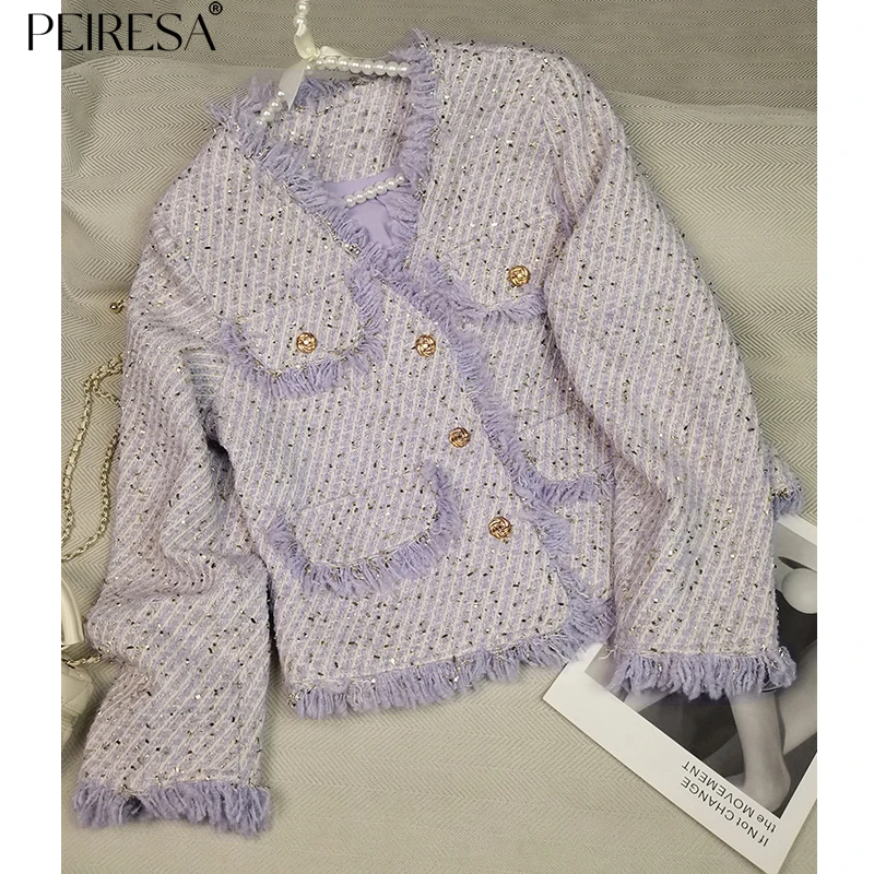 

PEIRESA 2023 Autumn New Contrast Color Sequins Tweed Jacket For Women Tassel V Neck Long Sleeve Short Outwears Coat Tops Y2k