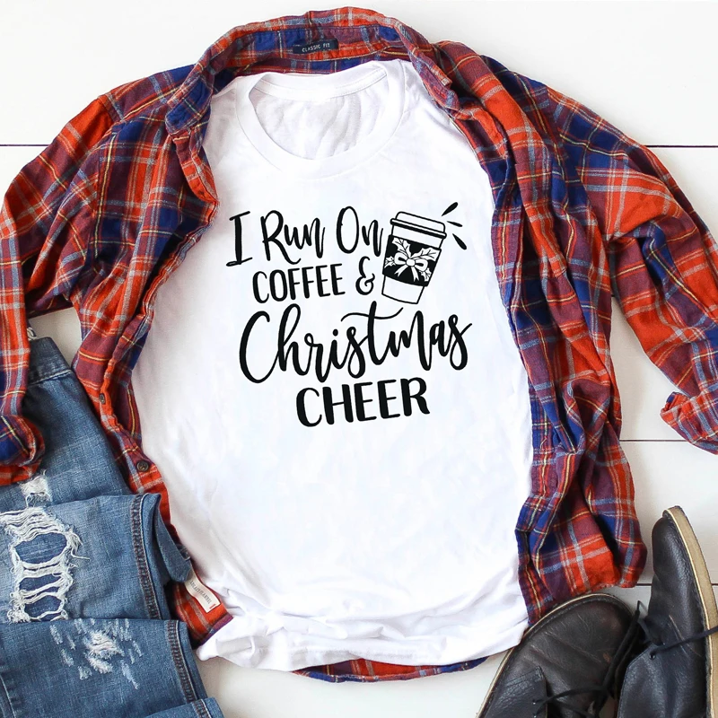 

Holiday Outfits I Run on Coffee & Christmas Cheer Graphic T-Shirt Casual Tees Funny Tumblr Tee Slogan Christmas Grunge Tops