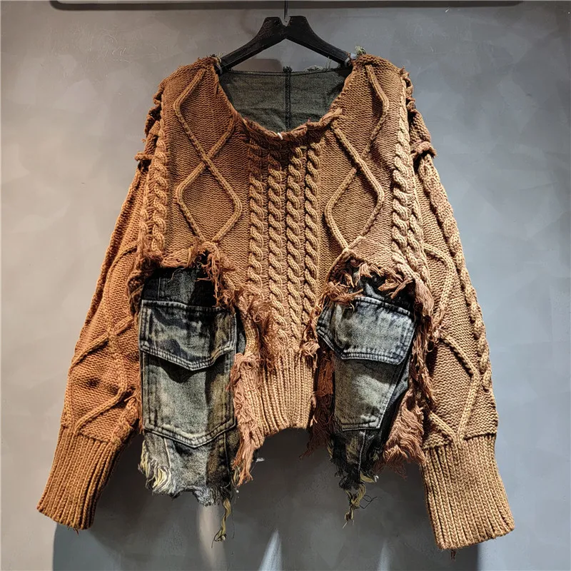 Винтажный потертый джинсовый свитер с длинными рукавами и карманами в стиле