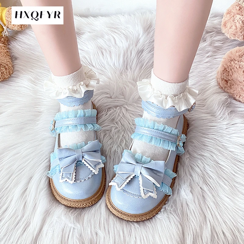 

Women Shoes Patchwork Lace Mary Janes Shoes Women Pu Leather Lovely Bowtie Woman Platform Blue Pink Ankle Strap Lolita Shoes
