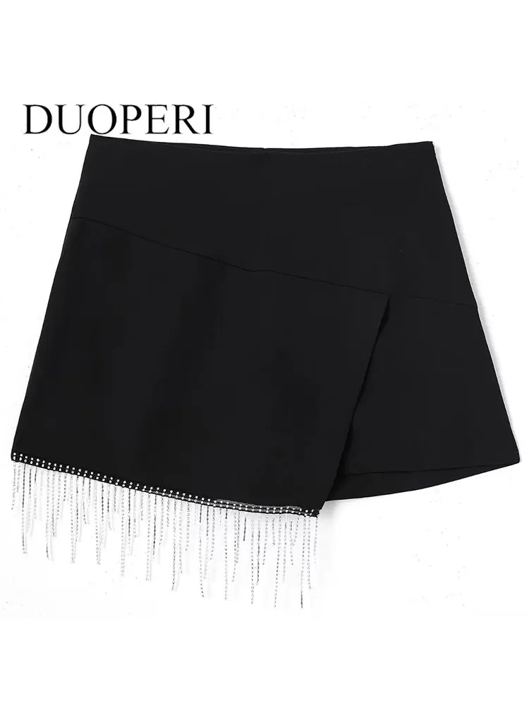 

DUOPERI Women Fashion With Beading Solid Side Zipper Skirts Shorts Vintage High Waist Female Chic Lady Shorts