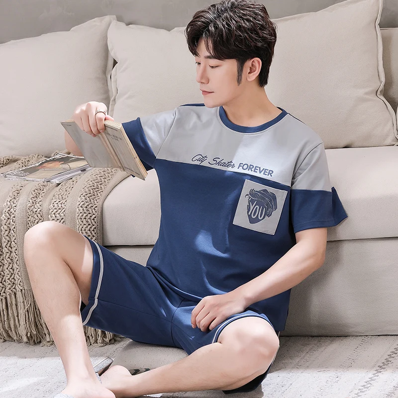 2 Pieces Set Short Sleep Tops Pant Man's Pajamas Set Cotton Sleepwear Summer Thin Homewear Korean Casual pijama masculino