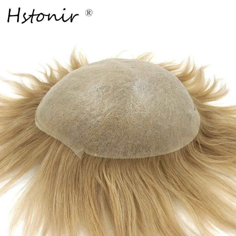 Hstonir 0.06mm Knots Thin Skin Toupee For Men 100% Human Indian Remy Hair Replacement System Wig Half Natural Looking H079