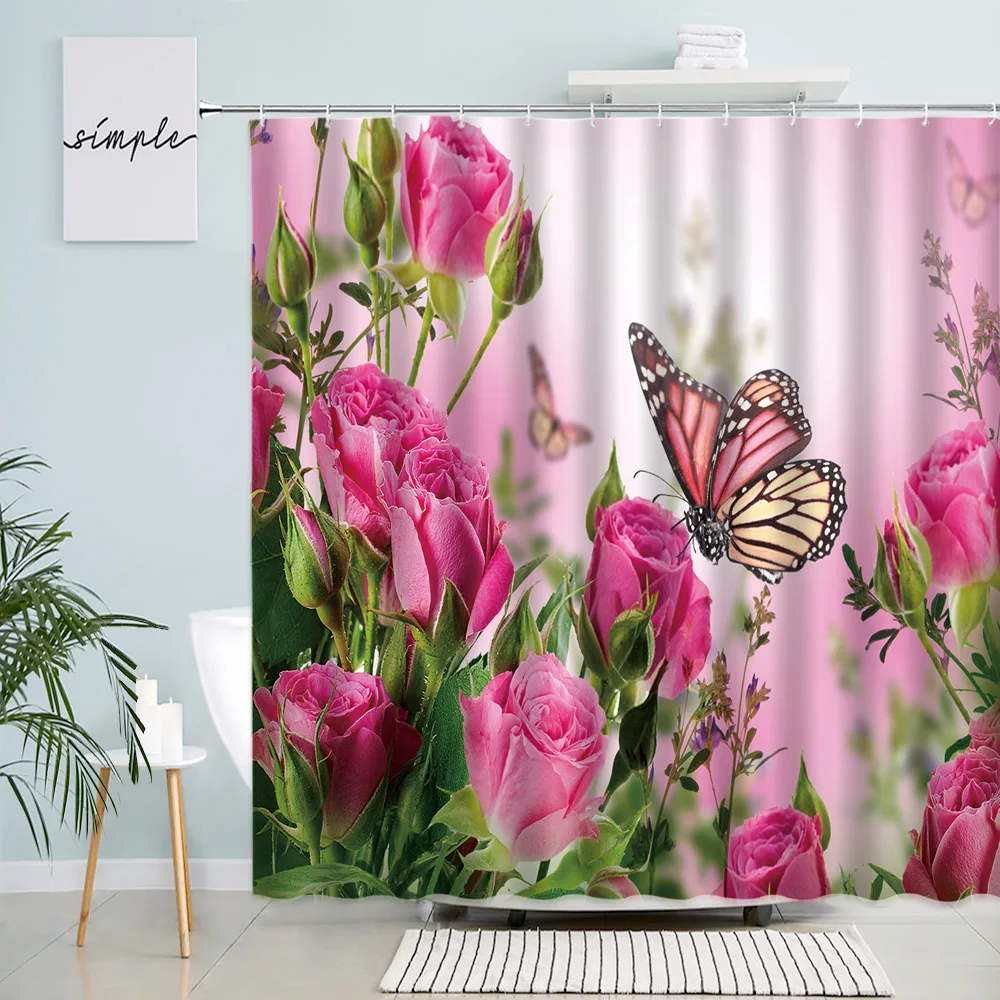 

Pink Rose Butterfly Nature Flowers Shower Curtains Green Plant Spring Rural Floral Waterproof Fabric Bath Curtain Bathroom Decor