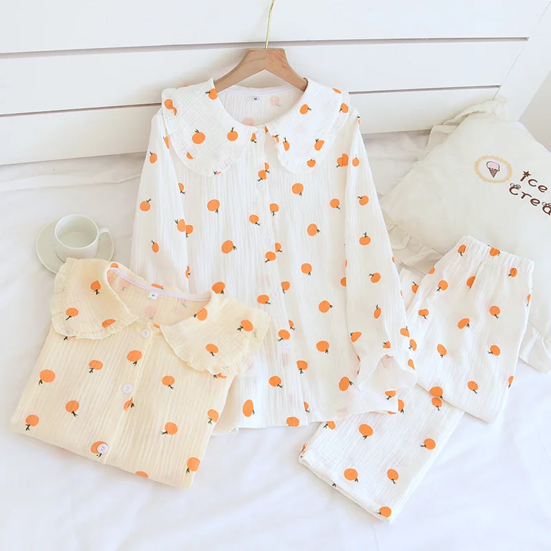 Новинка весна-осень женская домашняя одежда из крепа с длинным рукавом двухслойный газовый тканый хлопковый повседневный костюм из двух ча...