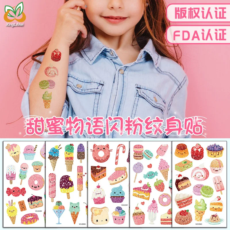

2Pcs Glitter Powder Temporary Tattoos Cartoon Ice Cream Candy Cakes Kids Fake Tattoo Sticker Cute Party Makeup Tools