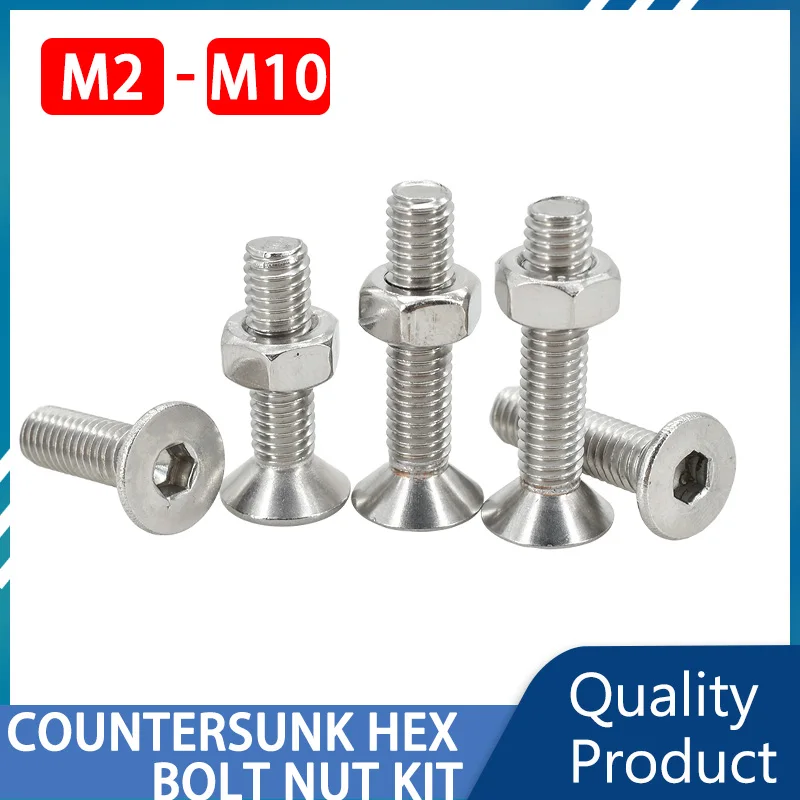 

304 Stainless Steel Screw Nut Set Flat Head Countersunk Hex Socket Bolt Hexagonal Allen Screws Metric Threaded Bolts Nuts Kit