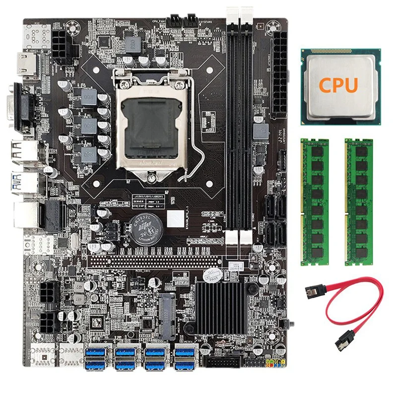 

Материнская плата B75 для майнинга BTC + случайный ЦП + 2X DDR3 4 Гб 1333 МГц ОЗУ + SATA кабель LGA1155 8xpcie на USB B75 USB материнская плата для майнинга