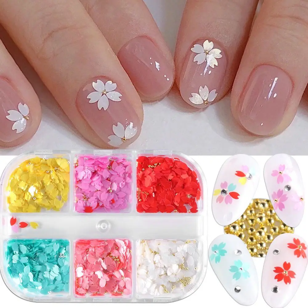 

6 Grids Resin Cherry Blossom Slides Colorful Nails Decorations Charms Acrylic Small Steel Ball /Gold Line DIY Nail Accessories
