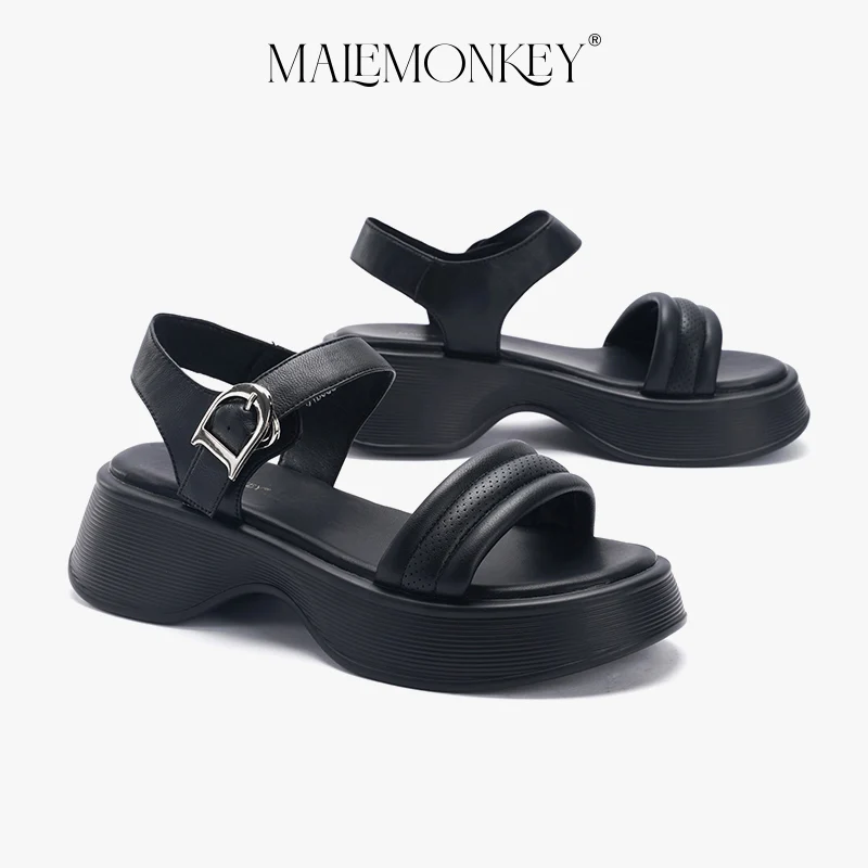 MALEMONKEY Chunky Sandals Women Leather 2023 New Outdoor Casual Retro Fashionable Open Toe Black Ladies Shoes Handmade Summer