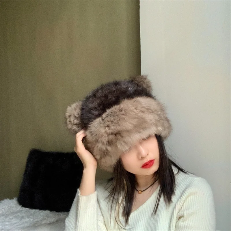 New Winter Women's Fur Bear Hat Luxury Mink Fur Thickened Warm Hat Outdoor High Quality Fluffy Knit Large Stretch Fur Hat