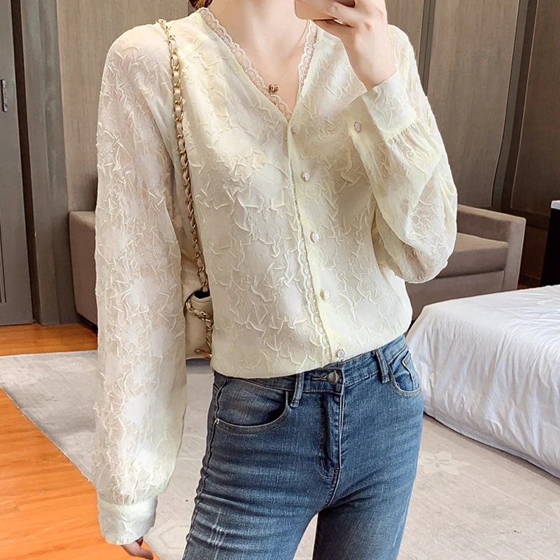 

Autumn Women's Long Sleeved V-neck Vintage Lantern Sleeve Solid Lace Embroidery Commuter Chiffon Shirt Blouse Women Tops A255