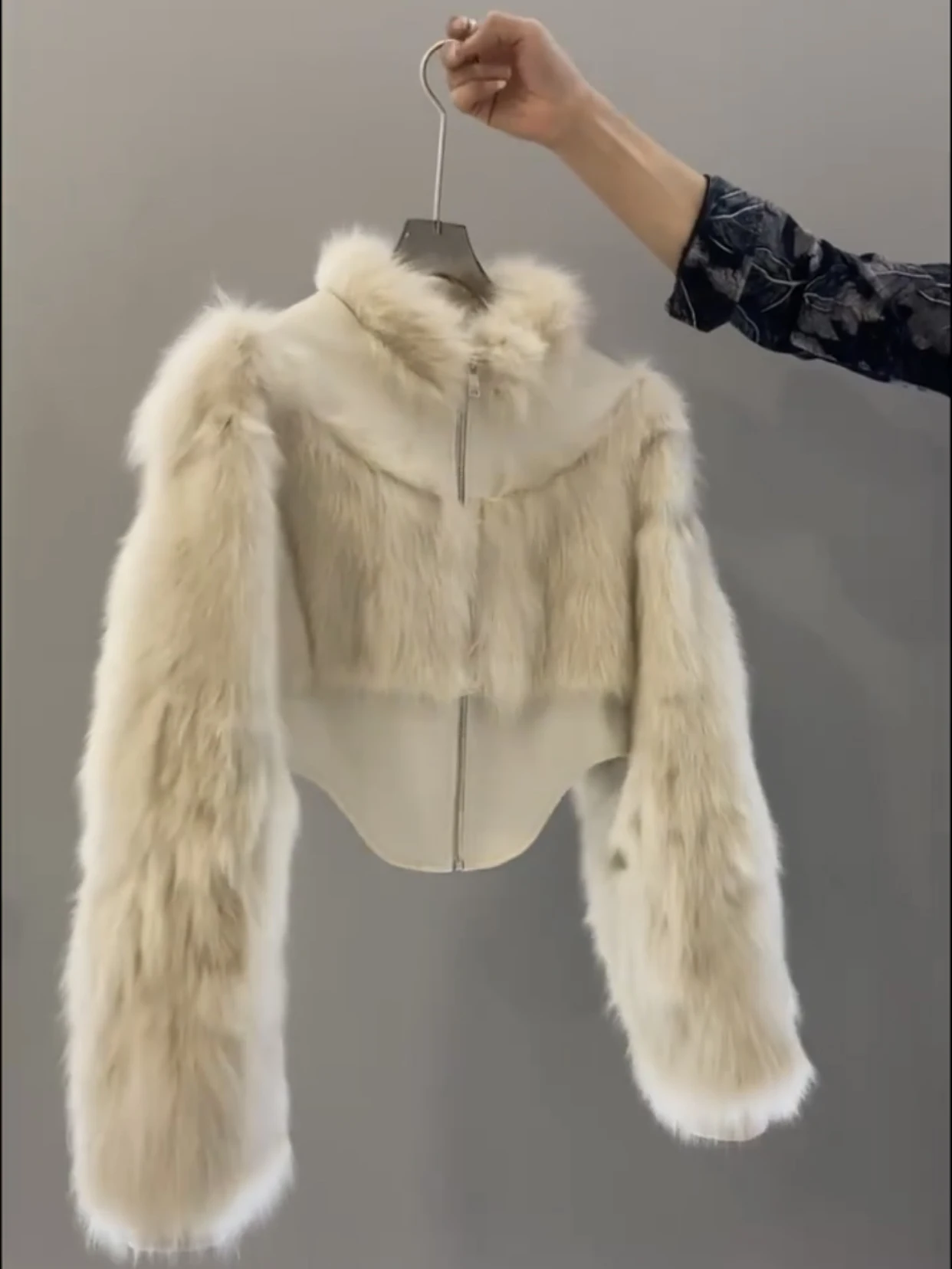 Fur Integrated Short Stitching Fur Coat for Women 2022 Autumn and Winter New Long Sleeve High Collar Zipper Apricot Fur Jackets