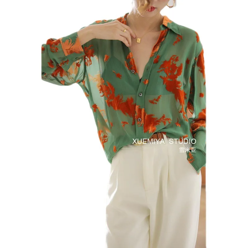 Green Transparent Shirt Women Design Sense Niche Jacquard Chiffon Shirt Ice Silk Sunscreen Top Cool Summer Thin Style Women Tops