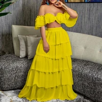 two piece set party cake dress sexy ladies african suit 2022 summer tube top ruffle long skirt solid matching outfits new 3xl