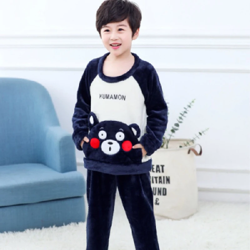 Kids Flannel Pajamas Autumn Winter Warm Round Neck Cartoon Pyjamas Boys Girls Nightgowns Children Sleepwear Long Clothing Suit