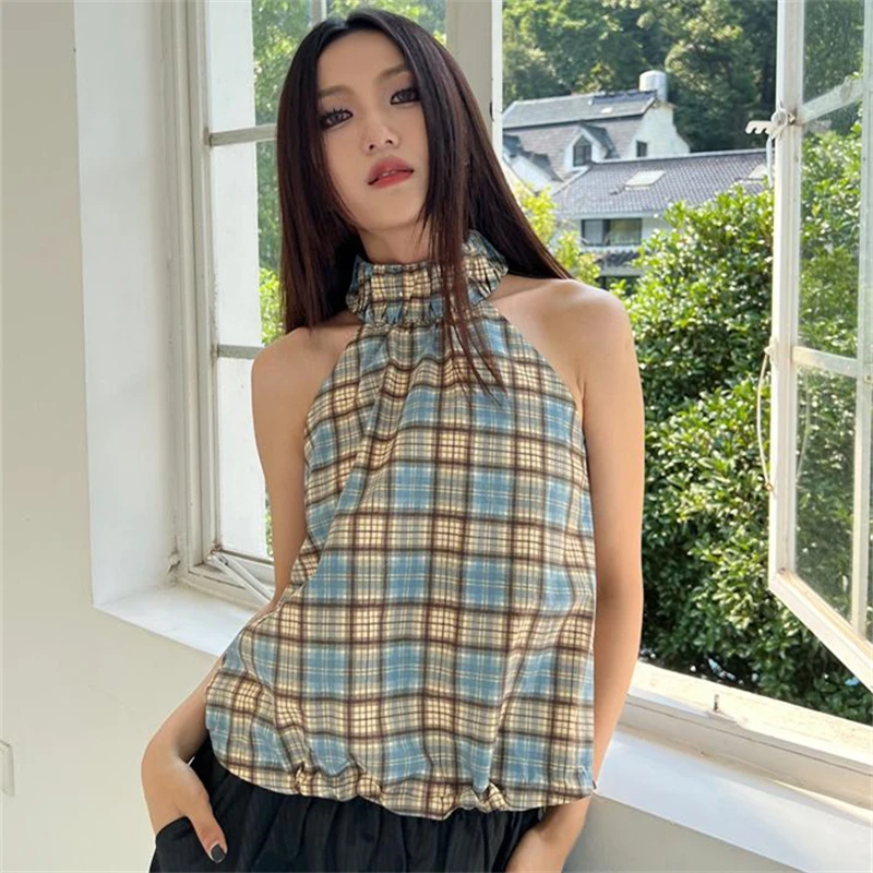 

Women's Off Shoulder Hanging Neck Plaid Tank Top Drawstring Top Summer New Trend Streetwear Chic Sexy Camis Female Pullover Top