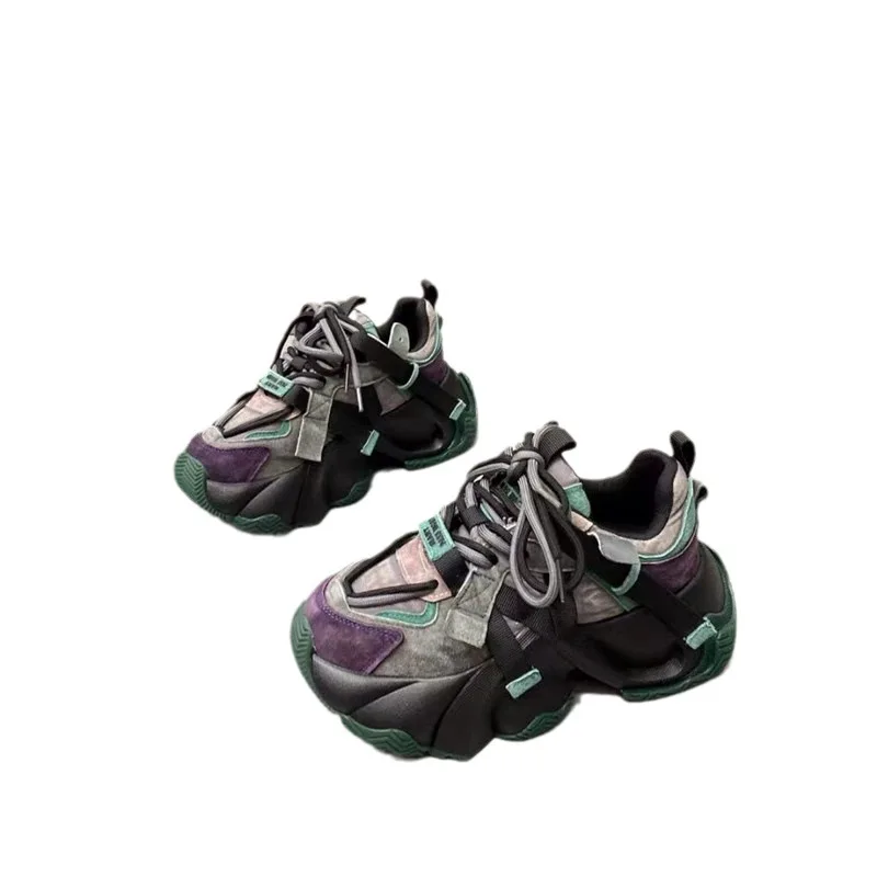 

Кроссовки женские массивные из кожи, дышащие, Вулканизированная подошва, повседневная одежда, колор блок, в Корейском стиле, на осень