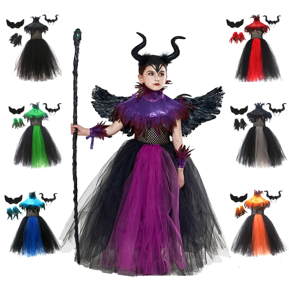 2023 Halloween Girl Sequin Witch Cosplay Costumes Kids Black Evil Coser with Feather Witch Long Dress Cosplay Role Playing Dress