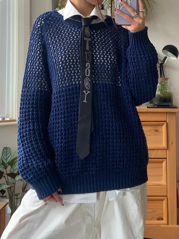 

Alinemyer Harajuku эстетичный Свободный вязаный свитер в стиле пэчворк Y2K Модные Винтажные пуловеры повседневные однотонные синие гранж вязаная од...