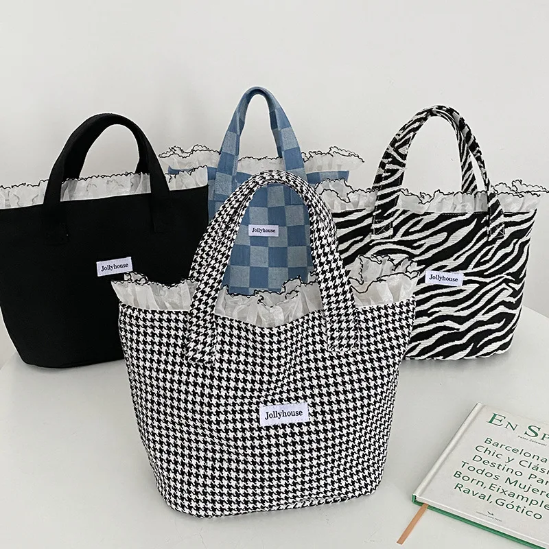 

Bentoy Milkjoy Cotton Canvas Handbag Female Lotus Leaf Lace Tote Bag Open Design Zebra Denim Checkerboard For Woman