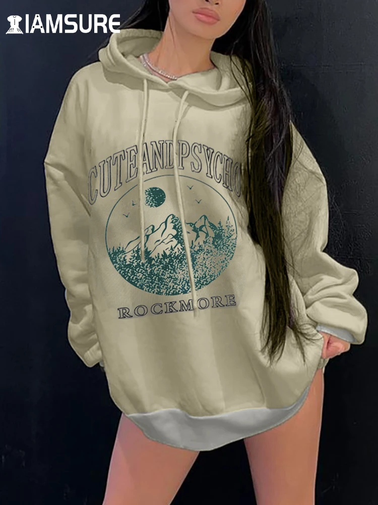 

IAMSURE Casual Loose Printed Hooded Sweatshirt Streetwear Basic Long Sleeve Hoodies Women 2023 Autumn Winter Sporty Activewear