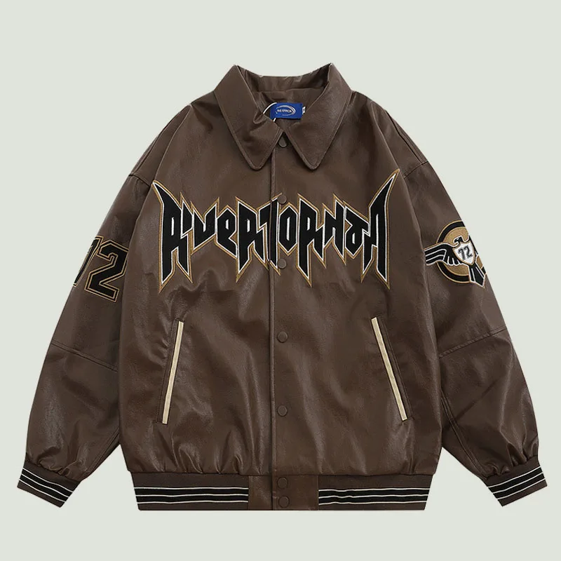 Vintage PU Leather Baseball Jackets Mens Streetwear Hip Hop Embroidery Eagle Letter Motorcycle Coats Harajuku Bomber Jacket Male