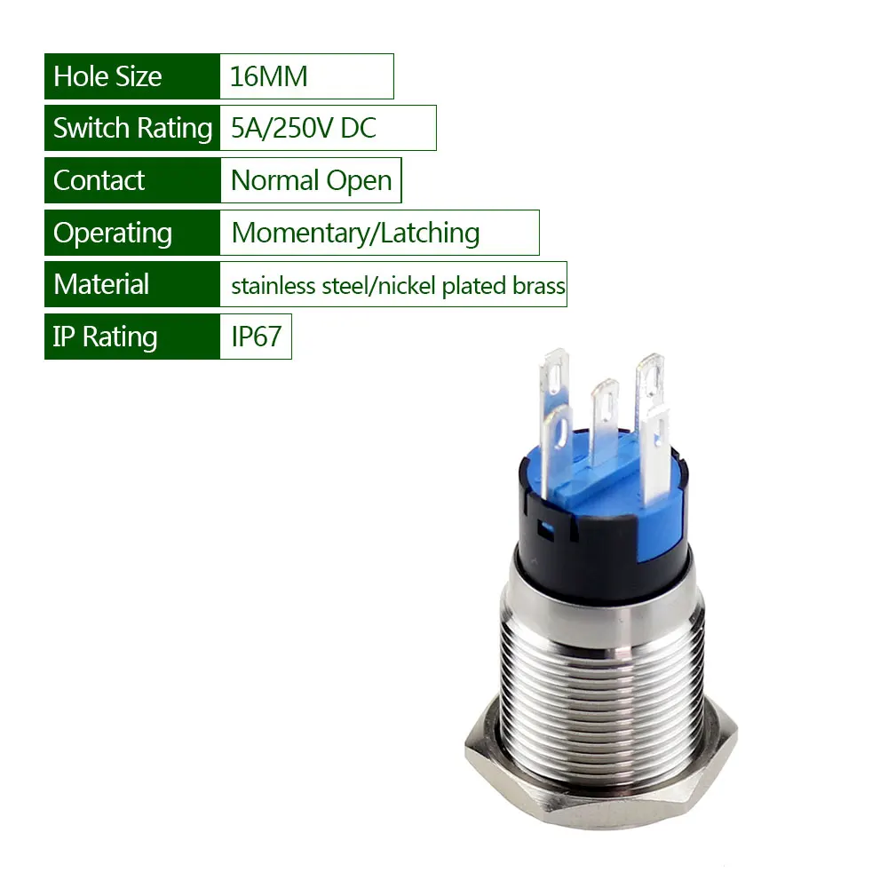 16mm Self Lock Reset Stainless Steel Metal Push Button Switch Nickel Plated Brass 12V 36V With Ring Led Light Power |