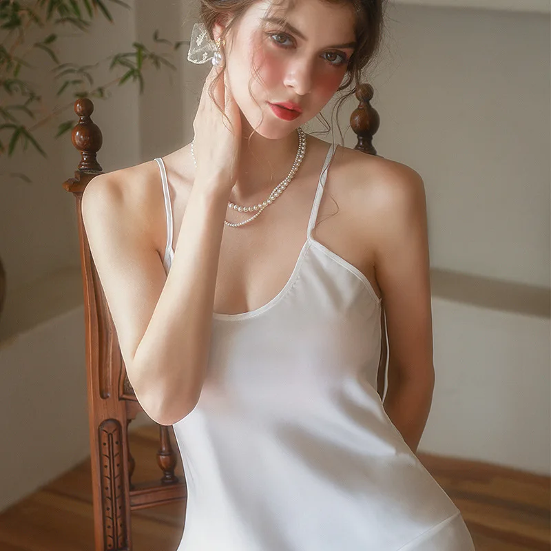 Пикантная Пижама Женская однотонная шелковая ночная рубашка с круглым вырезом