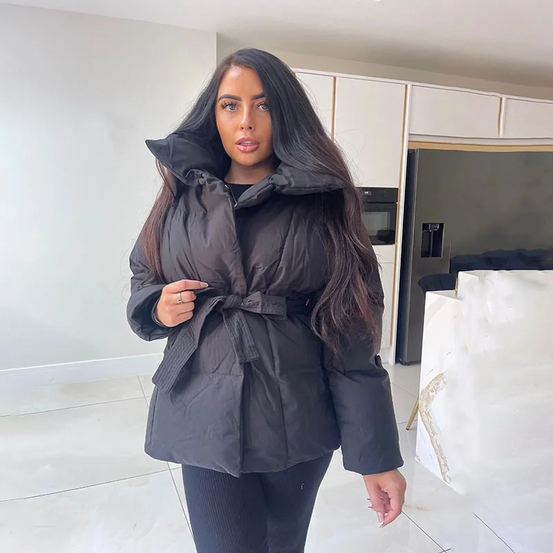 Fandy Lokar Winter Stand Collar Parkas Women Fashion Tie Waist Short Coats Women Elegant New Solid Puffer Jackets Female Ladies