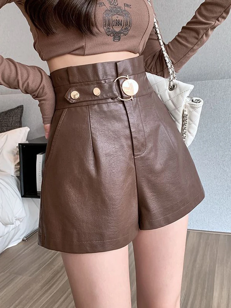 

Женские шорты из искусственной кожи на пуговицах, Элегантные короткие брюки с высокой талией и карманами, Осень-зима 2022