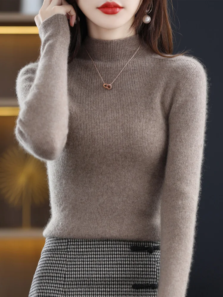 

Aliselect Fashion 100% Merino Wool Women Sweater Mock-Neck Traf Tops Jerseys Long Sleeve Pullovers Spring Autumn Winter Knitwear